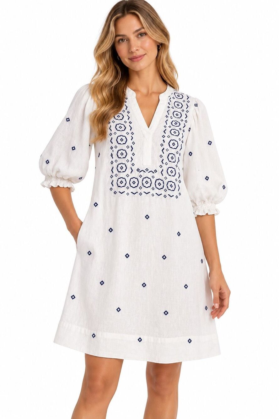 Lilly Pulitzer White Embroidered Linen Puff Sleeve Shift Dress Size 2